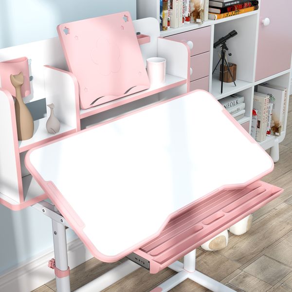 Set scrivania e sedia per bambini regolabili, banco scuola con piano inclinabile, cassetto, scaffale, rosa - 