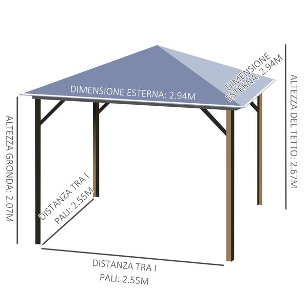 Gazebo da giardino 3x3m con tetto in policarbonato e zanzariere, caffè e khaki - 