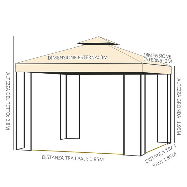 Gazebo da giardino 3x3m con zanzariera, telaio in acciaio e doppio tettuccio, beige - 