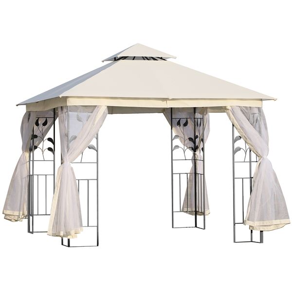 Gazebo da giardino 3x3m con zanzariera, telaio in acciaio e doppio tettuccio, bianco - 