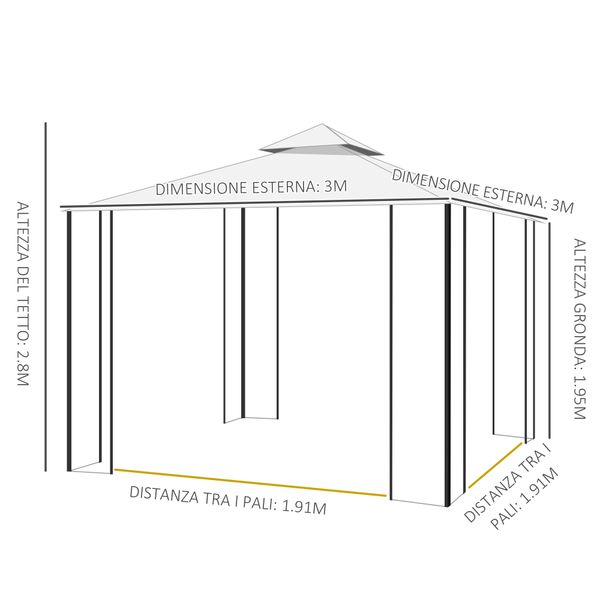 Gazebo da giardino 3x3m con zanzariera, telaio in acciaio e doppio tettuccio, bianco - 