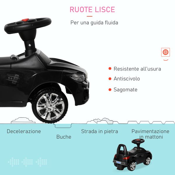 Macchinina per bambini cavalcabile con volante, fari e musiche integrate, in pp e metallo, 63.5x28x36 cm, nero - 