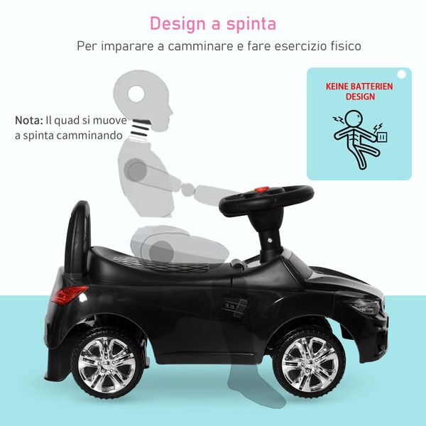 Macchinina per bambini cavalcabile con volante, fari e musiche integrate, in pp e metallo, 63.5x28x36 cm, nero - 