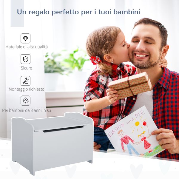 Cassapanca portagiochi in legno, panca contenitore per cameretta coperchio con pistone pneumatico, 60x40x48cm, grigio - 