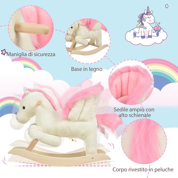 Cavallo a dondolo bianco e rosa con suoni e struttura in legno di pioppo per bambini 18-36 mesi, 70x28x57cm - 
