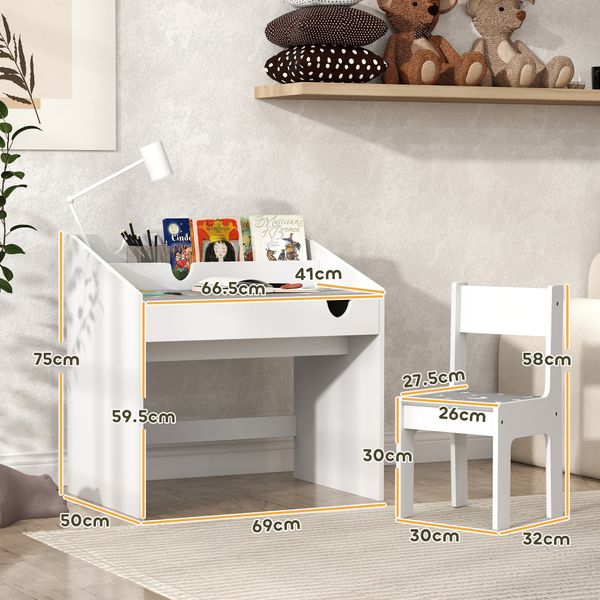 Set sedia e tavolino per bambini 3-6 anni con organizzatore e cassetto estraibile, in legno grigio - 