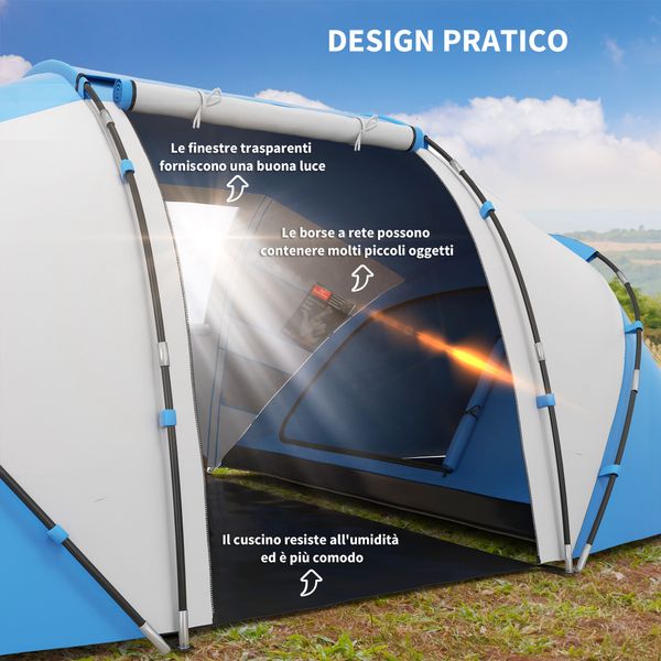 Tenda da campeggio 4 posti con 2 zone notte e borsa da trasporto, 430×240×170 cm, bianco e azzurro - 
