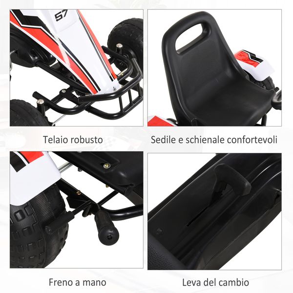 Go-kart a pedali bianco per bambini 3-6 anni con sedile regolabile, ruote in plastica, freno a mano e cambio - 