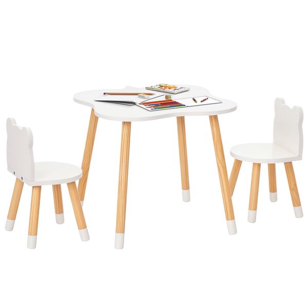 Set tavolino con 2 sedie per bambini a forma di orsetto in legno, bianco - 