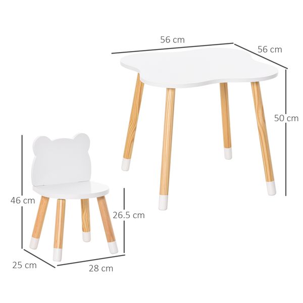 Set tavolino con 2 sedie per bambini a forma di orsetto in legno, bianco - 