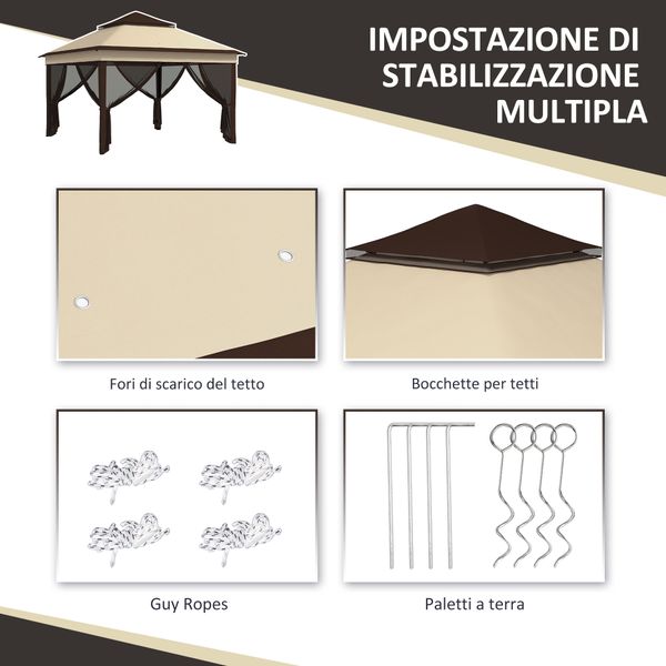Gazebo 3x3 regolabile su 3 livelli con pareti rimovibili, in acciaio e tessuto oxford, color caffè e beige - 