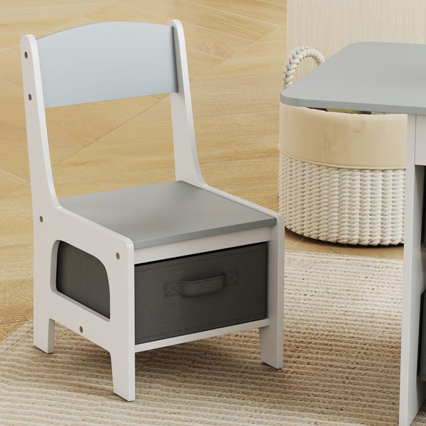 Set tavolo e sedie per bambini 3-8 anni con 6 cassetti e bordi arrotondati, in legno e tessuto, grigio e bianco - 