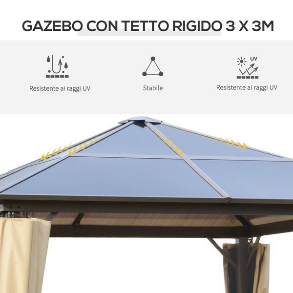 Gazebo da giardino 3x3m con tetto in policarbonato e zanzariere, caffè e khaki - 