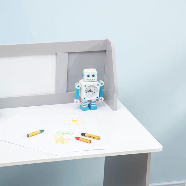 Set tavolo e sedie per bambini 5+ anni in legno con banco scuola e sedia bianco e grigio - 