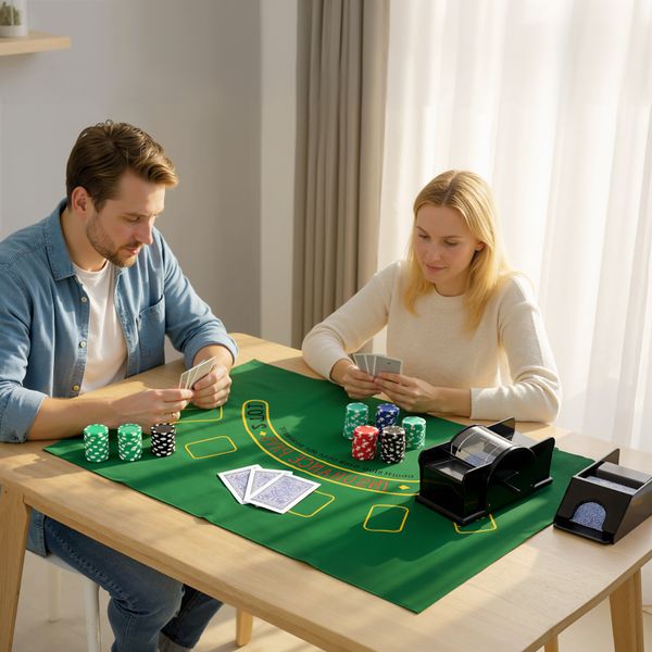 Set poker con 300 fiches, mescolatore e distributore carte, tappetino, 5 dadi, pulsante dealer e valigetta - 