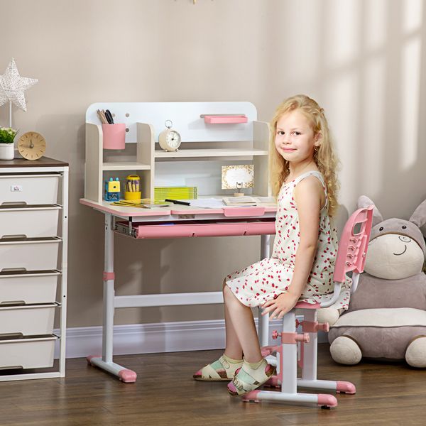 Set scrivania e sedia per bambini da 3 anni regolabile, tavolo inclinabile a 60° con cassetto e ripiani, rosa - 