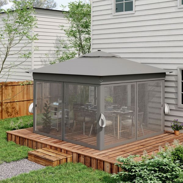 Gazebo da giardino ad altezza regolabile con luci led, in acciaio e tessuto oxford, 336x336x250-270 cm, grigio - 