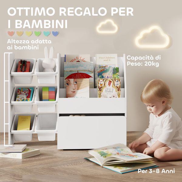 Scaffale portagiochi con 6 cesti, 3 ripiani e box inferiore, in legno, plastica e acciaio, 100x30x80 cm, bianco - 