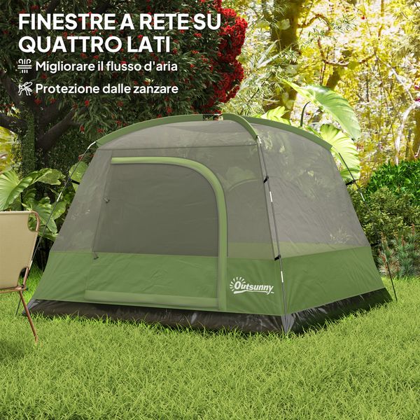 Tenda da campeggio per 3 persone impermeabile con tasca, gancio per lanterna e borsa, 2x2x1.35m, verde - 