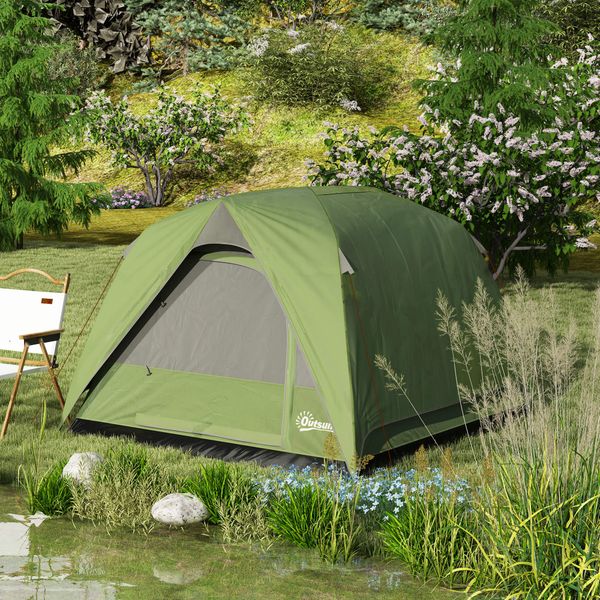 Tenda da campeggio per 3 persone impermeabile con tasca, gancio per lanterna e borsa, 2x2x1.35m, verde - 