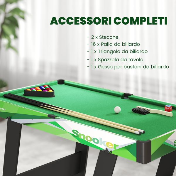 Tavolo da biliardo pieghevole con stecche, palle e triangolo per adulti e bambini da 12 anni, 104x55.5x68 cm - 