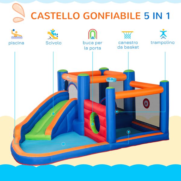Castello gonfiabile per bambini 3-8 anni con scivolo, trampolino e piscina, 380x340x170cm - 