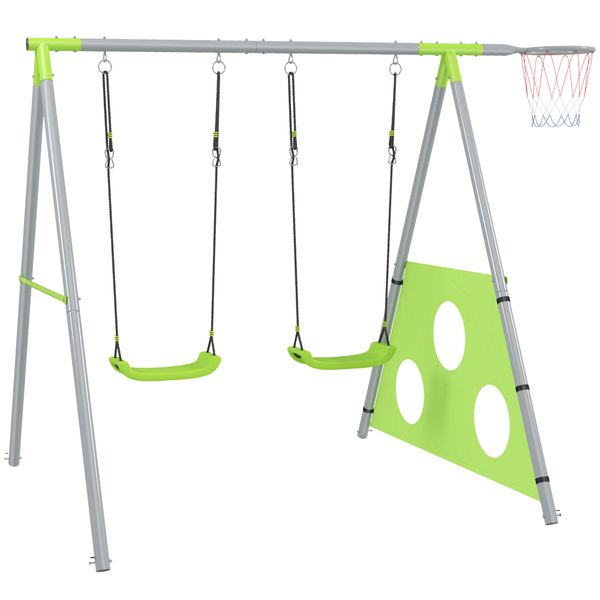 Gioco per bambini 3 in 1 con altalena da giardino, canestro e porta da calcio, 238x180x182 cm,, verde e grigio - 