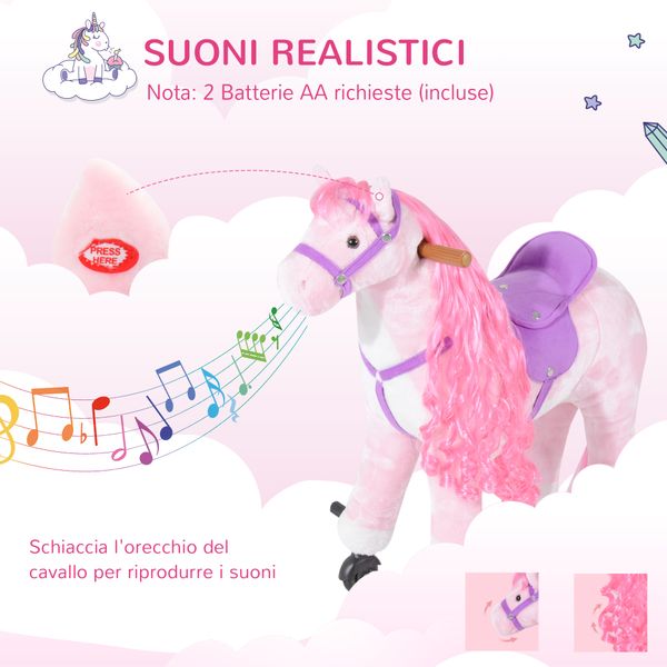 Cavallo a dondolo per bambini 2+ anni con 4 rotelle, suoni realistici e poggiapiedi, 65x28x75 cm, rosa - 