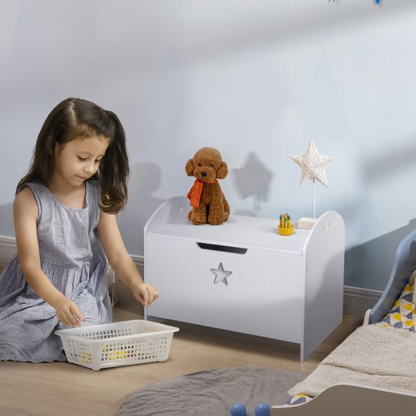 Baule contenitore portagiochi per bambini (62x40x46.5cm) in legno bianco con cerniere di sicurezza - 