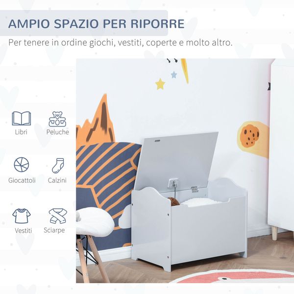 Cassapanca portagiochi in legno, panca contenitore per cameretta coperchio con pistone pneumatico, 60x40x48cm, grigio - 