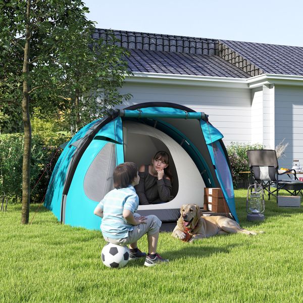 Tenda da campeggio 3 persone con camera e veranda, impermeabile 3000mm e borsa di trasporto, azzurro - 