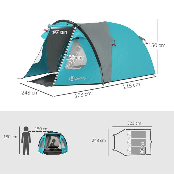 Tenda da campeggio 3 persone con camera e veranda, impermeabile 3000mm e borsa di trasporto, azzurro - 