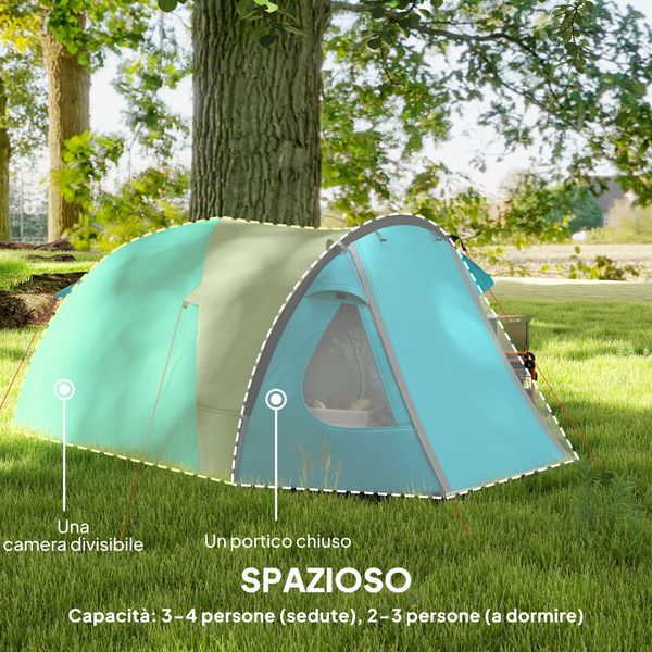 Tenda da campeggio 3 persone con camera e veranda, impermeabile 3000mm e borsa di trasporto, azzurro - 
