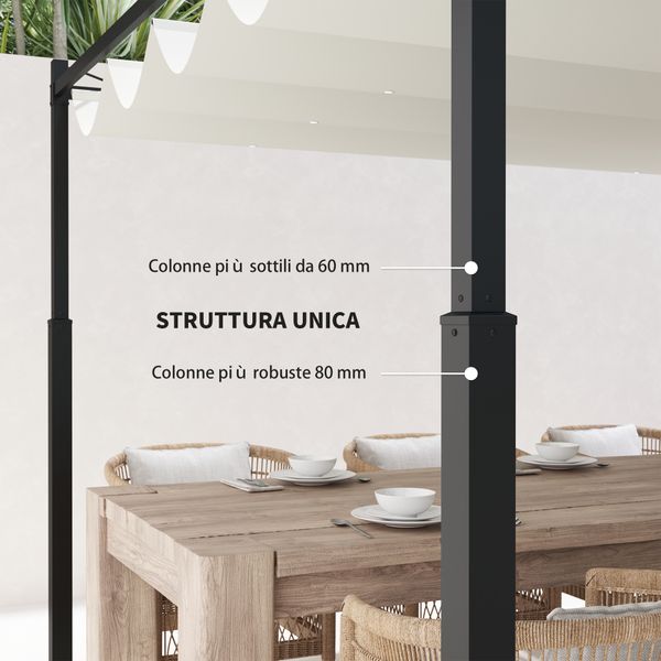 Gazebo pergola 3x3 m con tettuccio retrattile, 8 viti e 8 picchetti, in poliestere 180g e metallo, bianco crema - 