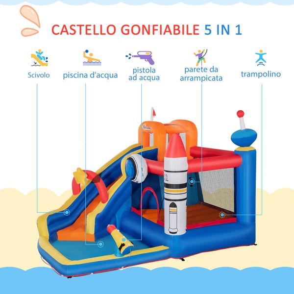 Gioco gonfiabile per bambini 3-8 anni a tema spazio con borsa, 11 paletti e toppe inclusi, 340x270x227 cm - 