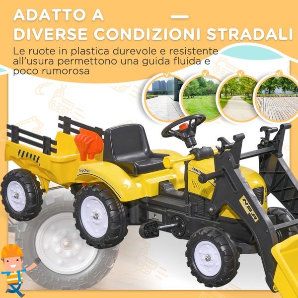 Escavatore a pedali per bambini da 3 anni con ruspa frontale, rimorchio e 6 ruote, giallo - 
