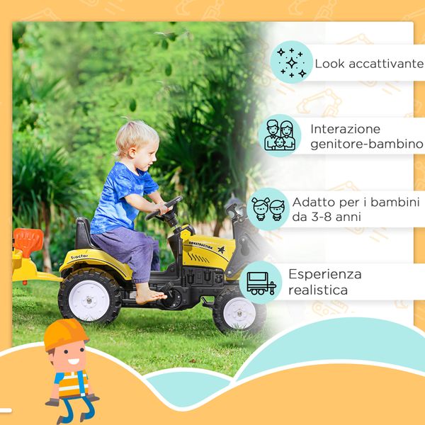 Escavatore a pedali per bambini da 3 anni con ruspa frontale, rimorchio e 6 ruote, giallo - 