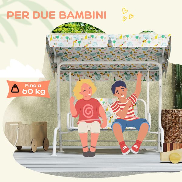 Dondolo per bambini da esterno a 2 posti con tettuccio regolabile e cinture di sicurezza, 112x75x120 cm, bianco - 