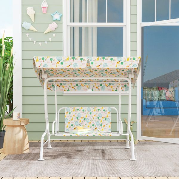 Dondolo per bambini da esterno a 2 posti con tettuccio regolabile e cinture di sicurezza, 112x75x120 cm, bianco - 