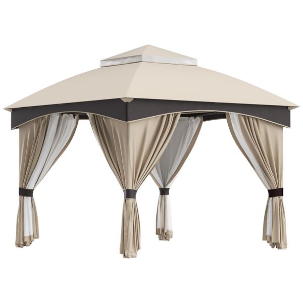 Gazebo da giardino 3x3m in acciaio con doppio tettuccio e tende, beige e grigio - 