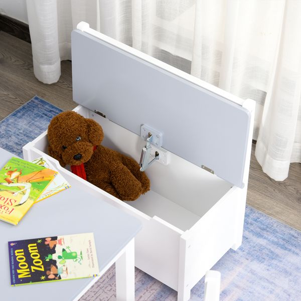 Set tavolo per bambini con 2 sedie e cassapanca in legno per cameretta, bianco e grigio - 