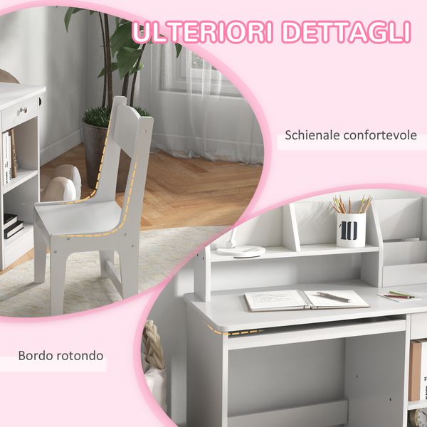 Banco scuola e sedia per bambini da 5-8 anni con scaffale e mensola estraibile in legno bianco - 