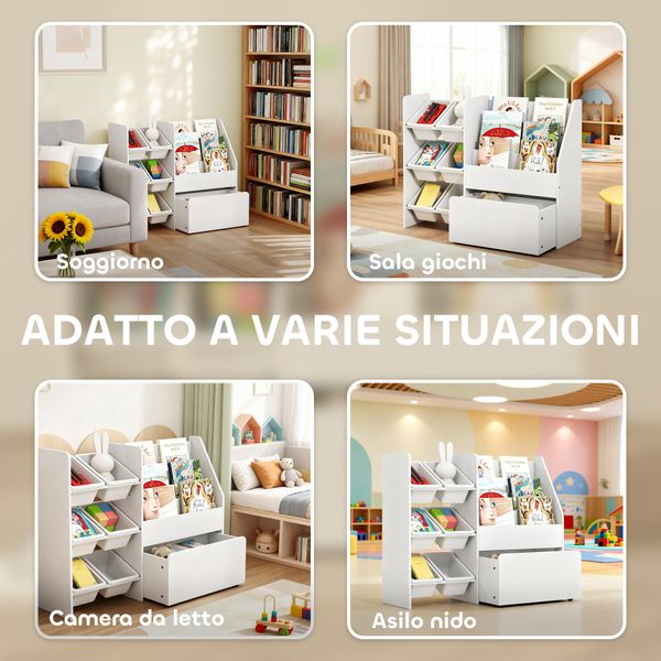 Scaffale portagiochi con 6 cesti, 3 ripiani e box inferiore, in legno, plastica e acciaio, 100x30x80 cm, bianco - 