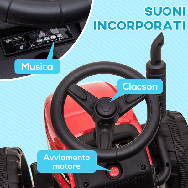 Trattore elettrico per bambini 3-6 anni con rimorchio rimovibile, batteria 12v e telecomando, rosso - 