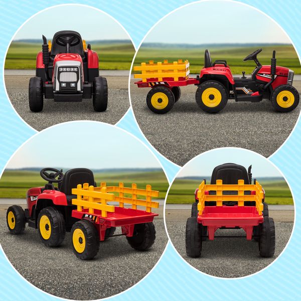 Trattore elettrico per bambini 3-6 anni con rimorchio rimovibile, batteria 12v e telecomando, rosso - 