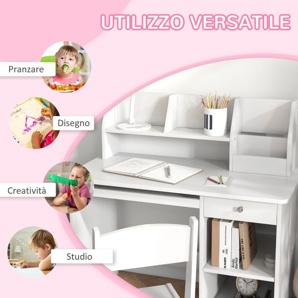 Banco scuola e sedia per bambini da 5-8 anni con scaffale e mensola estraibile in legno bianco - 