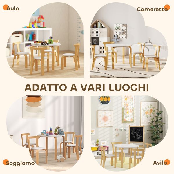 Set tavolo e sedie per bambini 3-8 anni 5 pz con bordi arrotondati in legno bianco - 