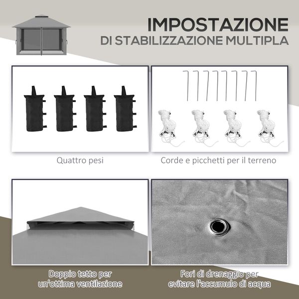 Gazebo pieghevole 4x4 con borsa da trasporto, picchetti, funi e sacchi di sabbia inclusi, 392x392x283 cm, grigio - 