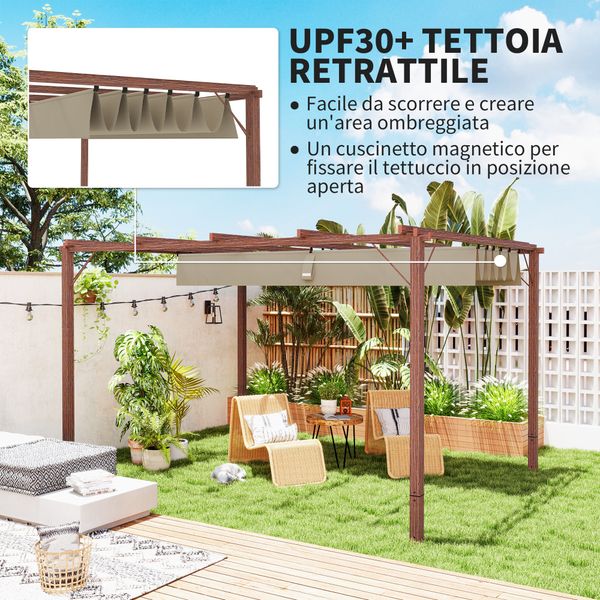 Gazebo pergola con tetto retrattile, picchetti e viti, in poliestere e alluminio, 382x300x232 cm, color legno - 