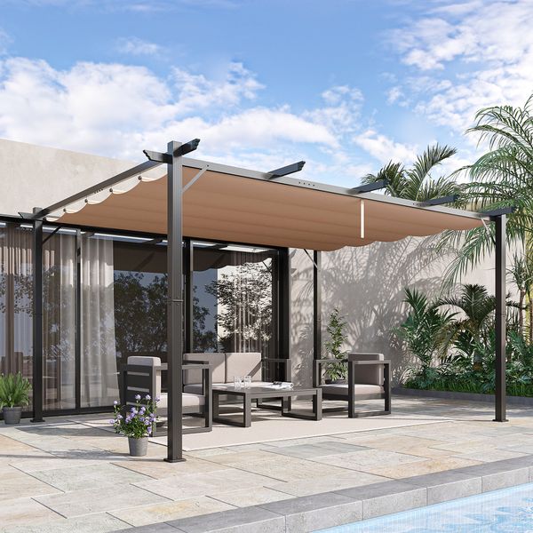 Gazebo pergola da giardino 3x4m con telo in poliestere e struttura in alluminio, grigio e marrone - 